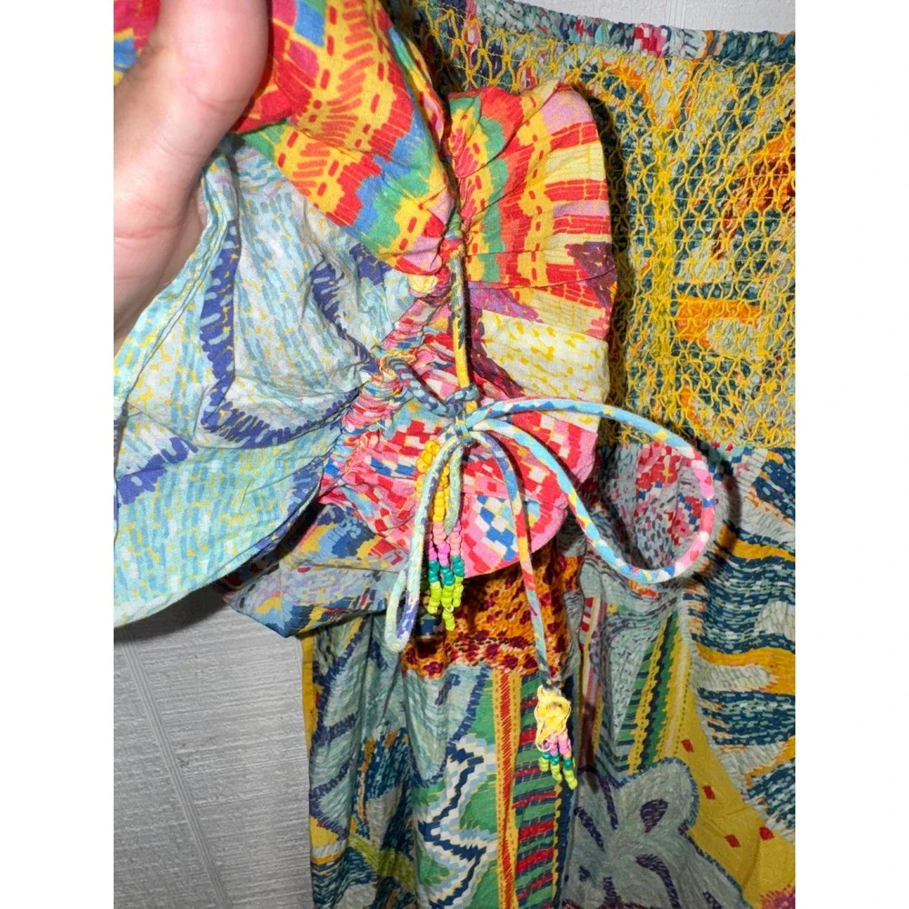 Farm Rio Smocked Blouse Women Multicolor Tropical Patchwork Metallic Medium